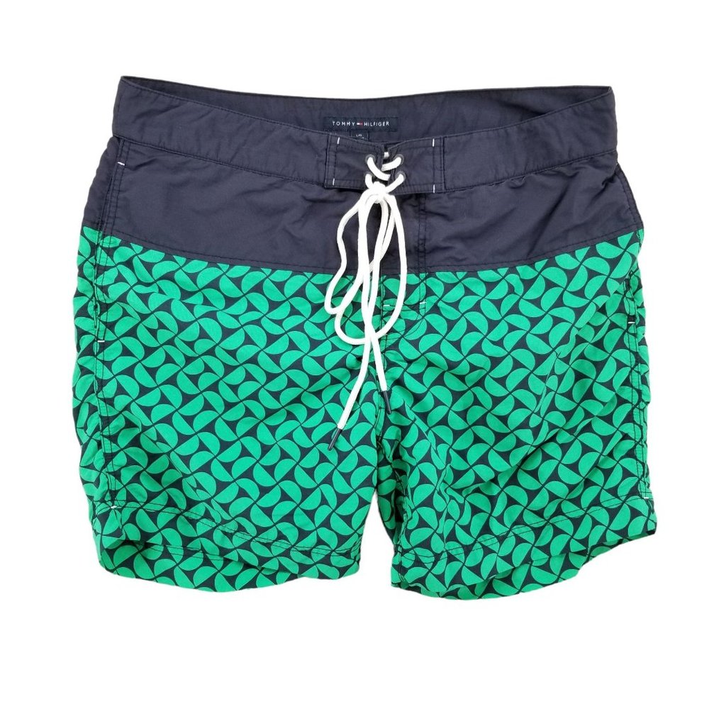 Tommy Hilfiger Swim Trunks Mens Navy Blue Green Lined Nylon 6" Inseam Size L